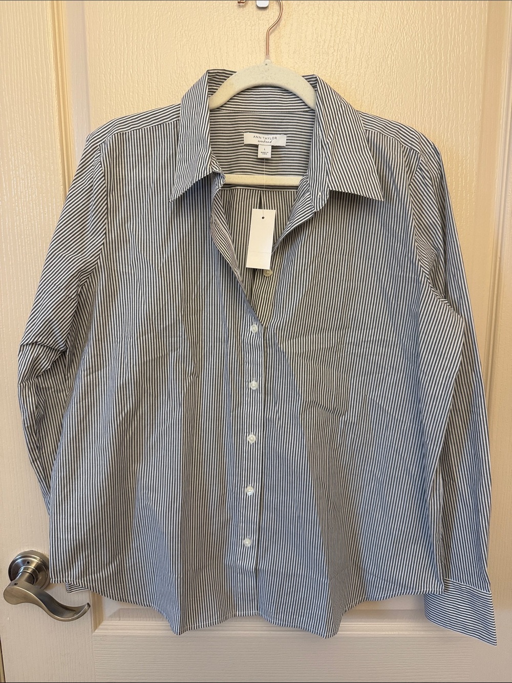 Ann Taylor Black and White Striped Button-Down Shirt